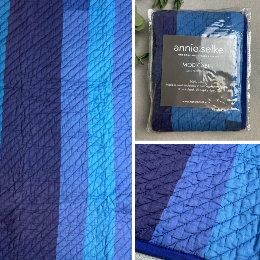 Annie Selke 26" x 26" Mod Cabin Quilted Euro Pillow Sham Blue 100% Cotton NEW